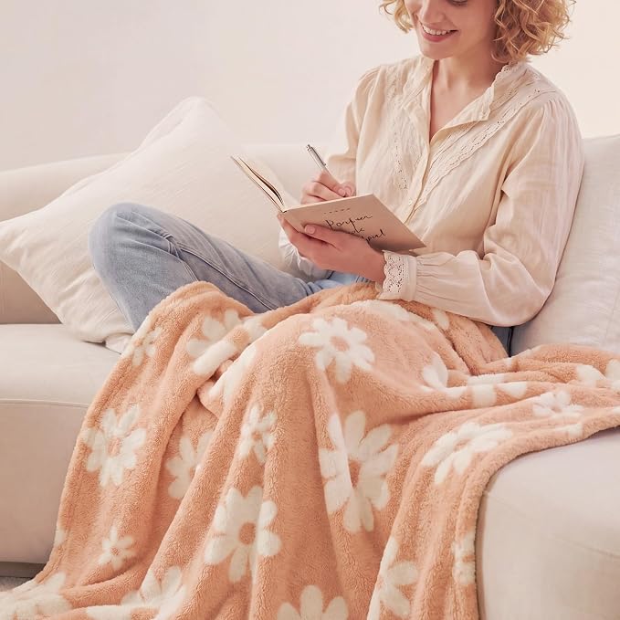 WRENSONGE Soft Throw Blanket for Couch-Cozy Reversible Knitted Blankets | Lightweight Warm Fluffy Decor for Women, Mom, Her & Girls, Sofa, Chair, Bed, 50x60in,Daisy Floral Peach Orange