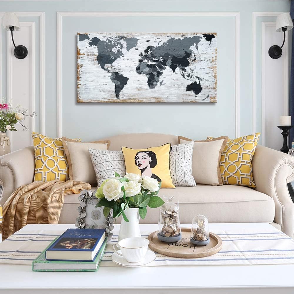 World Map Canvas Wall Art Decor Black Wall Decor Office World Map Wall Art World Pictures for Living Room Wall Decoration Map of the world Picture Framed Artwork Decor for Home Bedroom Decoration
