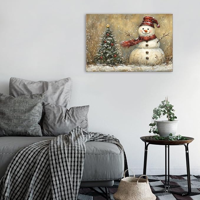 Christmas Snowman Wall Art Farmhouse Winter Snow Scene Holiday Prints Artwork for Bedroom Living Room Vintage Christmas Decor Green Pine Tree Picture Bathroom Fireplace Xmas Home Decoration 16x24"