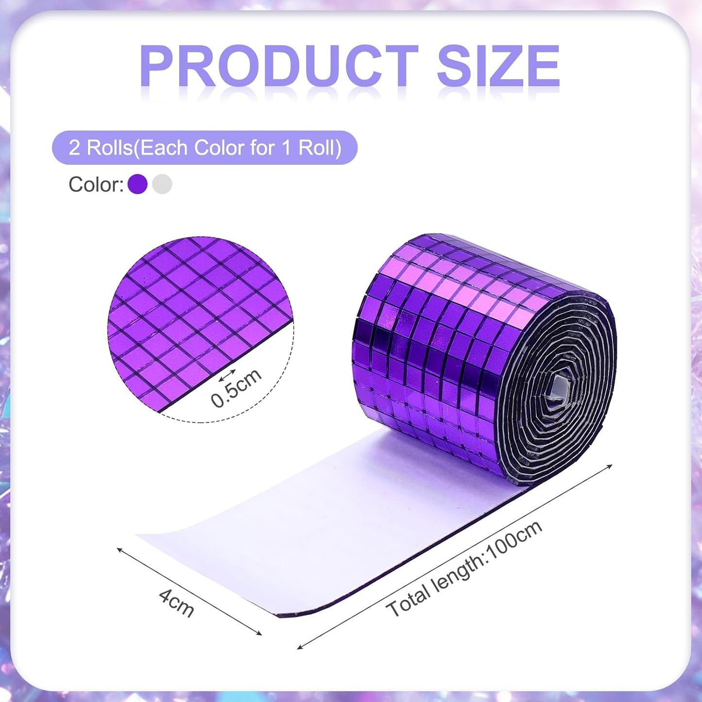 MECCANIXITY Self Adhesive Glass Mirror Mosaic Tiles 3200 Pcs 5 x 5 mm Disco Tiles for Craft Decoration Glass Mirror Disco Ball 2 Rolls (Purple/Silver)