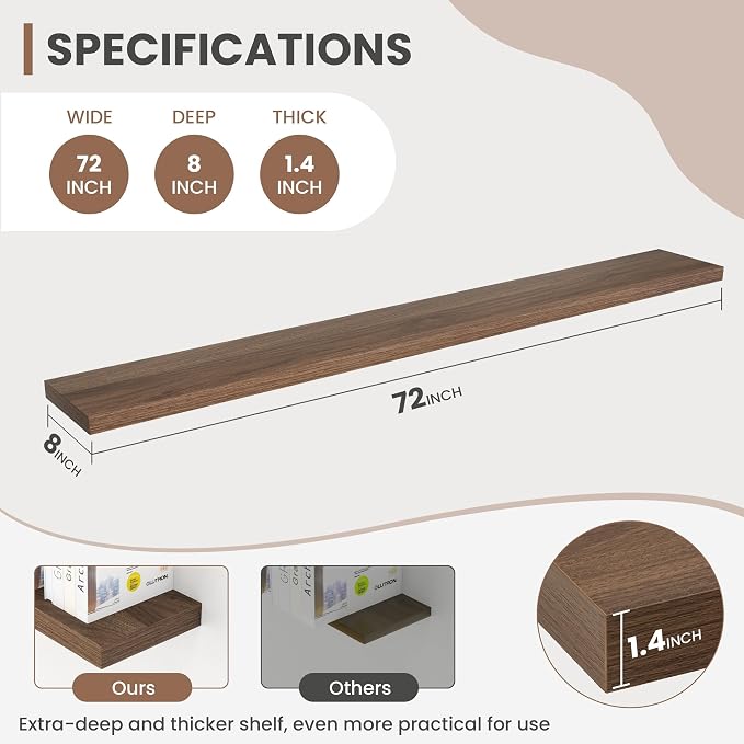 Acovy 72 Inch Floating Shelves, 8 Inch Deep Floating Shelves for Wall, Hanging Shelf with Invisible Brackets, Deep Shelves for Bathroom, Bedroom, Living Room, Walnut, Set of 1
