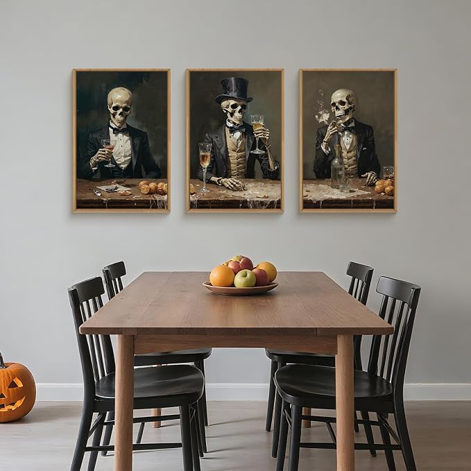 FWIEXA Halloween Skeleton Canvas Wall Art Set of 3, Gothic Skull Framed Painting Artwork, Dark Reaper Prints, Creepy Spooky Decor 24x36In for Party, Bar, Gift, Living Room, Bedroom