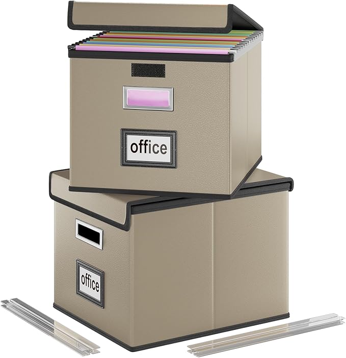 File Organizer Boxes with Lids, Collapsible Faux Leather Hanging File Folder Box Organizer with Plastic Slide, Decorative Home/Office Filing System Boxes for File and Folders Storage