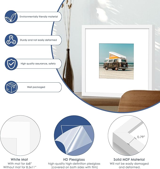 PEALSN 12x12 Picture Frame Set of 6, Display Pictures 8 x 8 with Mat or 12 x 12 without Mat for Wall Mounting Display, Poster Frames Collage for Wall Decor, White.