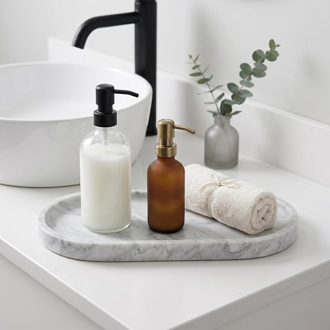 YKAJO Carrara White Gray Oval Marble Tray, 11.8x5.9 Perfume Organizer Dish | Honed natural stone; holds jewelry, rings, keys, candles, trinkets; for dresser, nightstand, bath counter