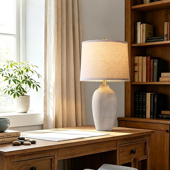 AIEAMPDO 25" Vintage Ceramic Table Lamp for Bedroom Living Room | Bedside Lamp with Linen Drum Shade, Neutral Modern Farmhouse Rustic Desk Lamp for Nightstand End Table, Bulb Included