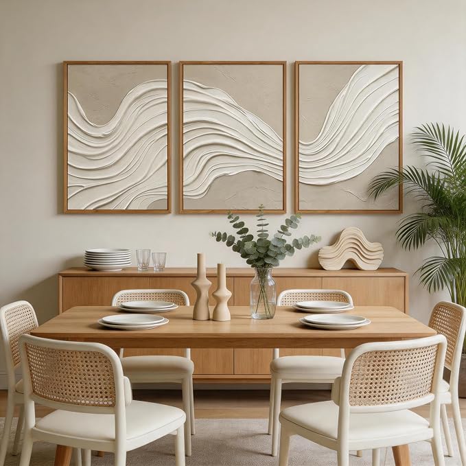 CHDITB 3D Textured Relief Sculpture Framed Canvas Wall Art Set, Neutral Earth Tone Abstract Wave Minimalist Texture Art Prints, Modern Wall Decor for Living Room Hallway Bedroom Home Decor 24"x36"x3