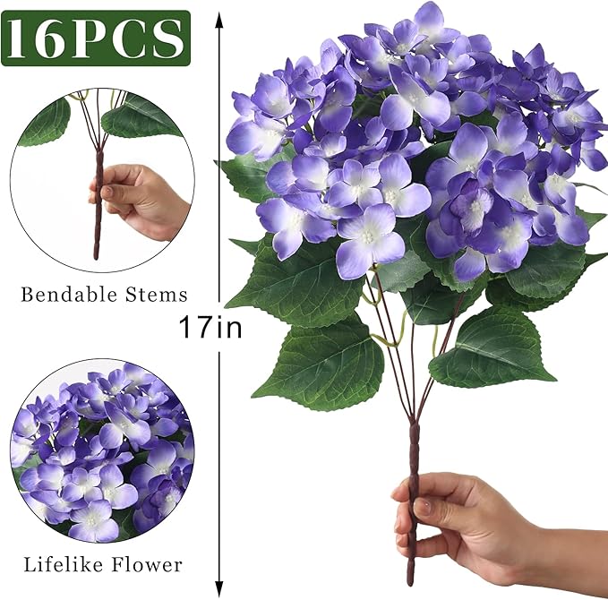 FOTEEWL 16 Bundles Artificial Hydrangea Flowers for Outdoor Decor, Realistic Faux Silk Bouquets Sun-Resistant Fake Plants for Front Door Balcony Farmhouse Garden Home Spring Summer Decor (Purple)