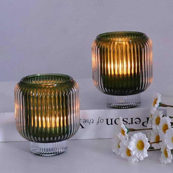 Woho Green Votive Candle Holders Set of 2(3.5" H x 3.1" W), Ribbed Tealight Candle Holder Vintage for Christmas Dinner Table, Reversible Tea Lights Candle Holder Glass for Living Room Home Decor