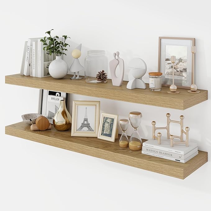Acovy 40 Inch Floating Shelves, 9.3" Deep Floating Shelf Wall Mounted, 40" Wall Shelves, Rustic Deep Bookshelf, Large Display Shelves & Storage Shelves for Bedroom, Living Room, Oak, Set of 2