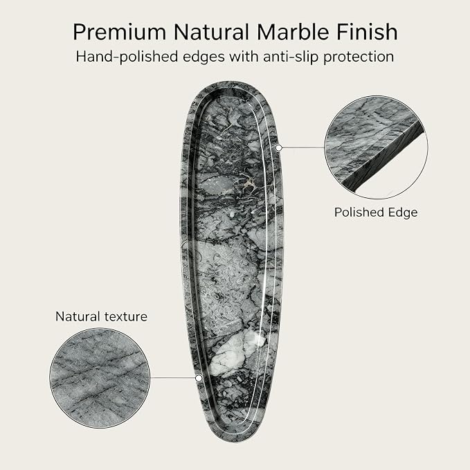 Natural Marble Vanity Tray, 16.6"x4.6" Grey Real Stone Decorative Tray for Bathroom Countertop & Home Decor, Catchall Organizer for Jewelry, Candles, Cosmetics & Perfume（Grey）