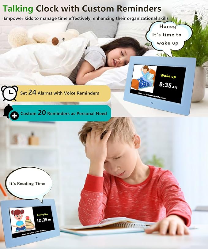 MASSII Digital Teaching Clock Talking Time, 24 Alarms Custom Reminders, Checklist to-Do List, Auto DST & Calendar Display, Sleep Trainer, Easy to Use for Kids Birthday Gift- Blue with Remote