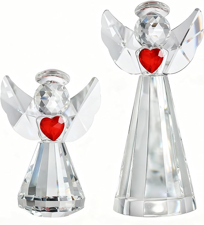 HDCRYSTALGIFTS Set 2 Crystal Angel Figurine for Mom Women, Glass Guardian Angels Ornaments Statues Holding a Heart Home Table Decoration Collectible (Clear,4.5''and 3'')