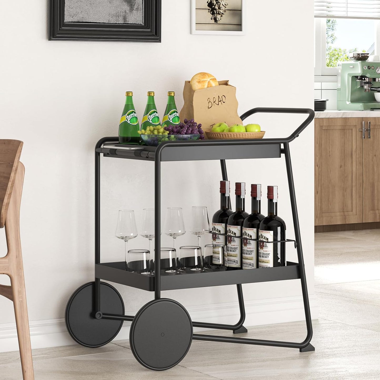 Outdoor Grill Cart Table with Extra-Large Wheel, 24" x 16" Removable Tray & Ergonomic Handle, Indoor and Outdoor Pizza Oven Table for Garden Patio BBQ Kitchen Food Prep Cart for Party