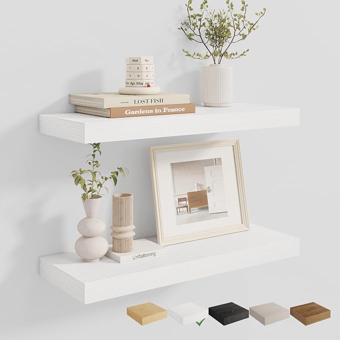 Dreamland 24 Inches Floating Shelves for Wall, 8" Deep Long Floating Shelves Set of 2, Large Display & Storage Shelf, Wall Shelf for Bathroom Bedroom Living Room Kitchen Office, White