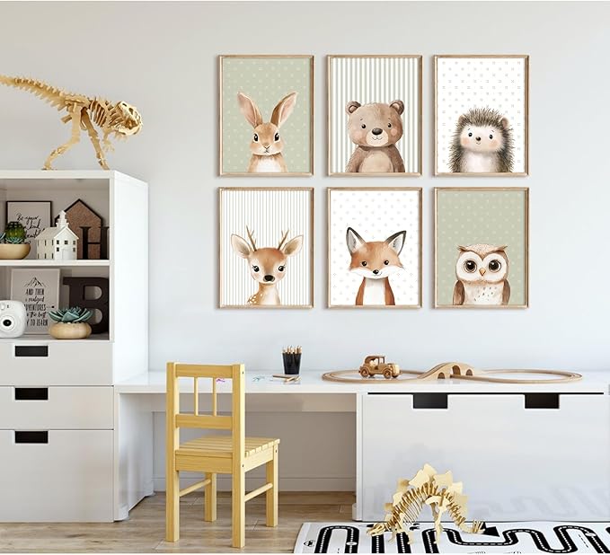 Woodland Animal Nursery Wall Art Decor Baby Kids Canvas Poster Safari Animal Wall Decor Jungle Forest Prints Bear Fox Deer Pictures Sage Green Painting Neutral Artwork for Bedroom 12x16 Inch Unframed