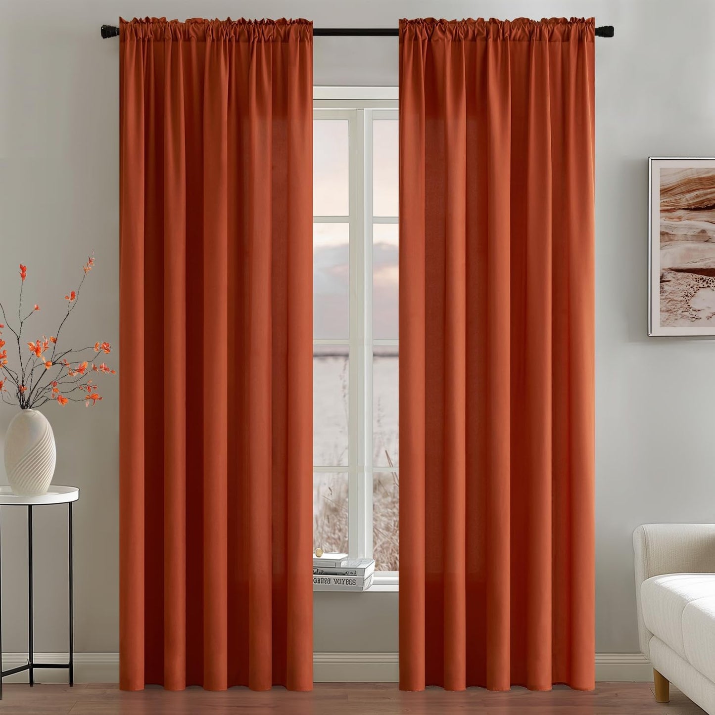 MIULEE Burnt Orange Privacy Sheer Curtains That Let Light in 90 Inches Long Non-See-Through Semi Sheer Curtain Light Filtering Window Curtains Drapes for Living Room Bedroom 2 Panels Set 42 X 90