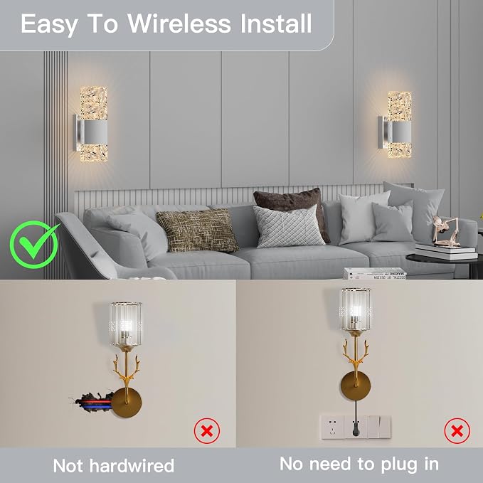 camuucci Battery Operated Wall Sconce Rechargeable Battery Powered 12000mAh Wall Light Indoor Not Hardwired Wall Lamp Fixtures for Bedroom Living Room 2Pack