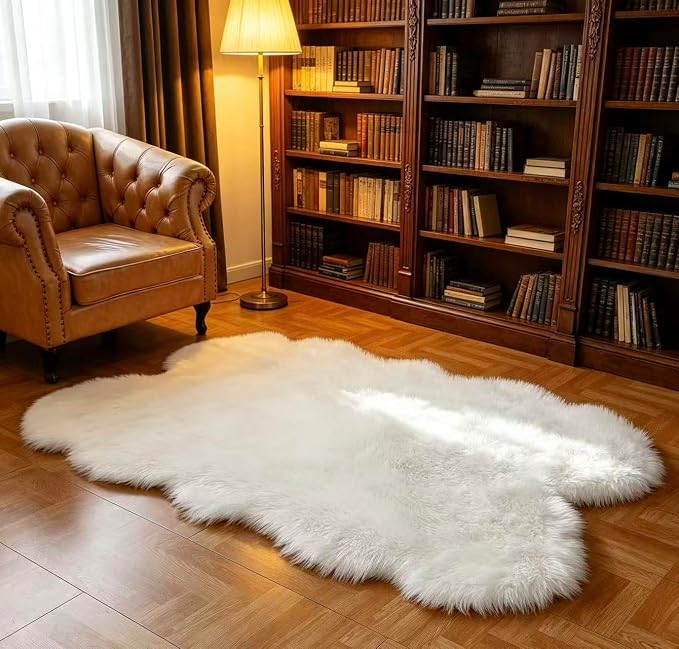 Faux Fur Rug White Fluffy Sheepskin Area Rug,Ultra Soft Shaggy Plush Rug Bedroom Living Room Sofa Floor Kids Room Bedside（4 x 6 ft Sheepskin）