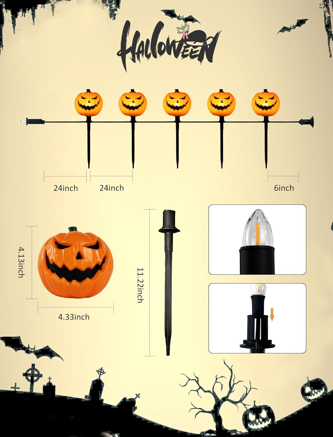 Classic Halloween Charm: 5 Pack UL-Listed Pumpkin Pathway Lights,Warm & Steady Plug-in Jack o' Lanterns,Weatherproof Outdoor Decor Stakes for a Safe, Nostalgic Trick-or-Treat Yard