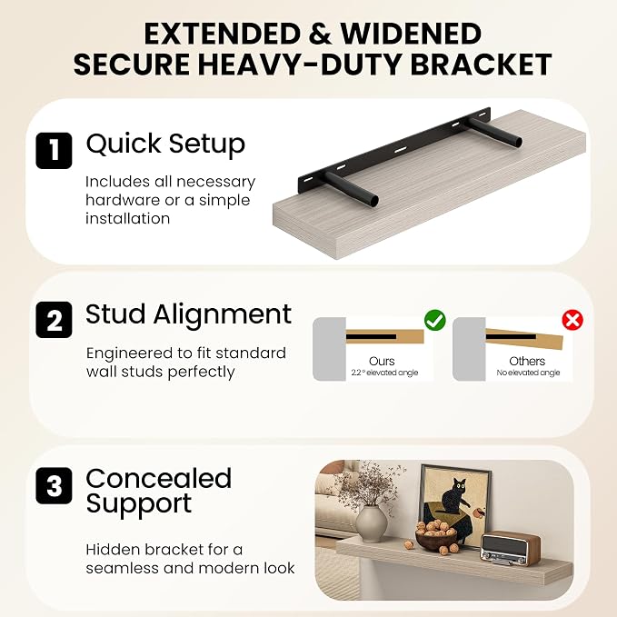 Fun Memories 60Inch Long Floating Shelves, 8 Inch Deep Shelves for Bedroom|Living Room, Wall Mounted Wood Hanging Shelf with Invisible Brackets for Fireplace Mantel Home Storage Decor, Grey - 2 Pack