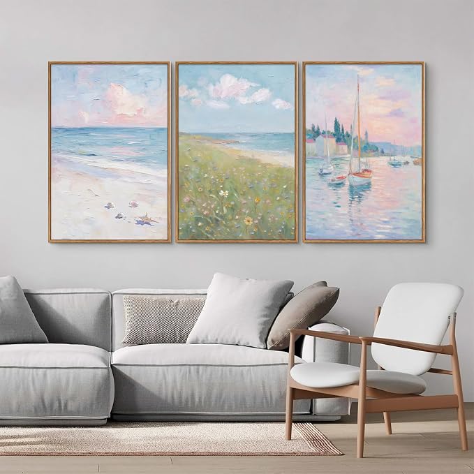 Rantodecor Impressionist Framed Canvas Wall Art, Vintage Italy Coastal Sailboat Wall Decor, Light Blue and White Posters Art Prints, Pastel Beach House Artwork for Bedroom Living Room Office 24"x36"x3