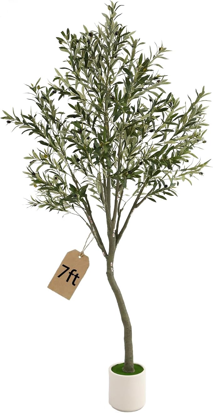 7ft Fake Olive Tree Artificial Indoor,Faux Olive Tree with Pot,Large Olive Branches and Lifelike Fruits,for Home Office House Living Room Decor.