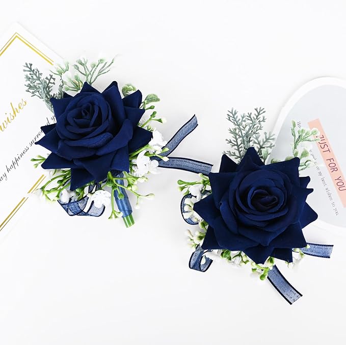 MAFELOE 2 Pieces Homecoming Party Prom Artificial Wrist Corsage and Boutonniere Set, Groom Groomsmen Bride Bridesmaids Wedding Simulation Flowers Accessories - Navy Blue
