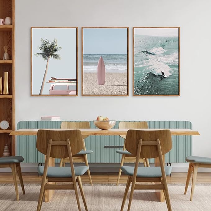 CHDITB Beach Framed Canvas Wall Art Set, Palm Tree Surfboard Seascape Wall Decor, Ocean Surfing Wall Painting, Coastal Art Print for Living Room, Bedroom, Dining Room, Bathroom - Large Size 16"x24"x3