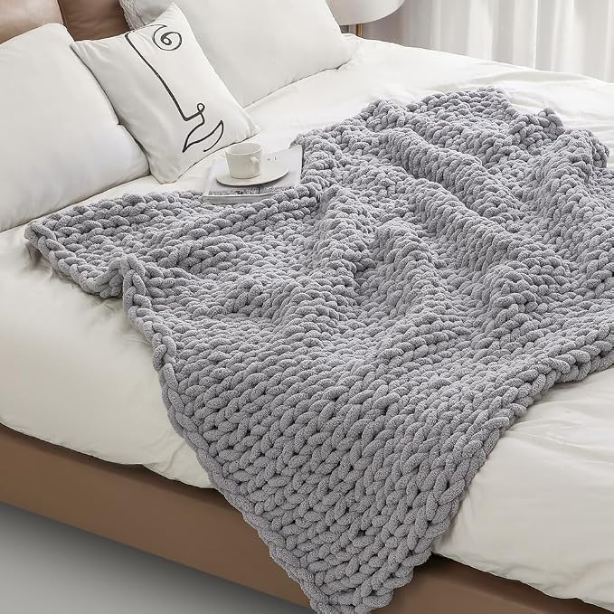 Soft Chunky Knit Throw Blanket for Couch, Cozy Warm Knitted Blankets | Hand Knit with Jumbo Chenille, Lightweight Warm Fluffy Decor for Women, Mom, Her & Girls, Sofa, Chair, Bed, 48"x71" (Gray)