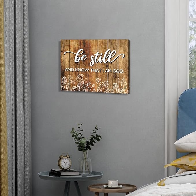 Be Still And Know That I am God Wall Art Rustic Brown Christian Canvas Picture Farmhouse Bible Verses Wall Decor Living Room Religious Inspirational Quotes Artwork Bedroom Office Home Decoration 12x16