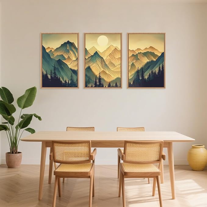 Mountains Forests Framed Canvas Wall Art Set, Abstract Woodland Painting, Boho Scenery Sun Wall Decor, Natural Woodgrain Art Print for Living Room, Bedroom, Dining Room, Office - 24"x36"x3