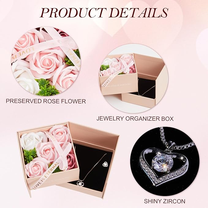 WDS WONDROUS Preserved Rose Jewelry Gift Set for Women, Forever Rose Flower with Heart Necklace & Earrings for Valentine's Day Anniversary Birthday Gift for Her