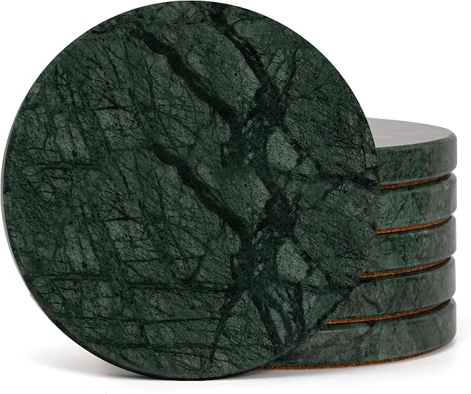 Dark Green Marble Coasters Set of 6, Modern Luxury Drink Coaster for Coffee Table, 4 Inch Round Polished Verde Stone Coasters with Intricate Veins – Heat Resistant, Non-Slip, Housewarming Gift