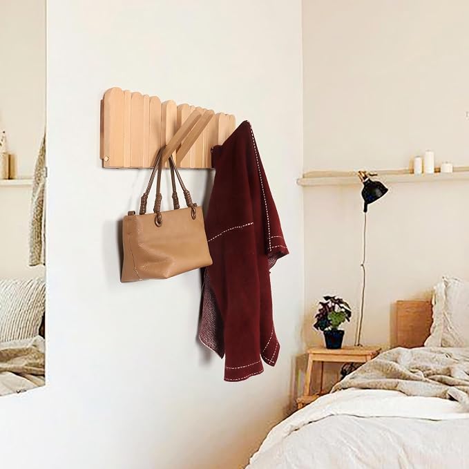 Wall Coat Rack for Entryway: Wooden Modern Heavy Duty 8 Hooks 21.6'' Retractable Wall Mounted for Boho Home Decor Hallway Bathroom Bedroom for Hanging Jacket Towel Backpack Bag