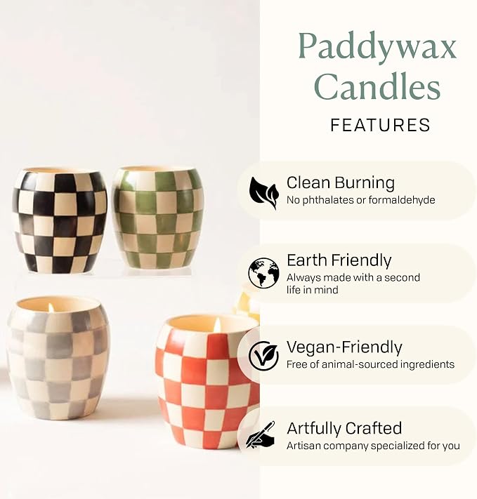 Paddywax Checkmate Hand Painted Scented Candle in Reusable Porcelain Jar, Clean-Burn Soy Candle with Approx. 55 Hour Burn Time, Decorative Gift Candles for Home, Lavender Mimosa, 11 oz