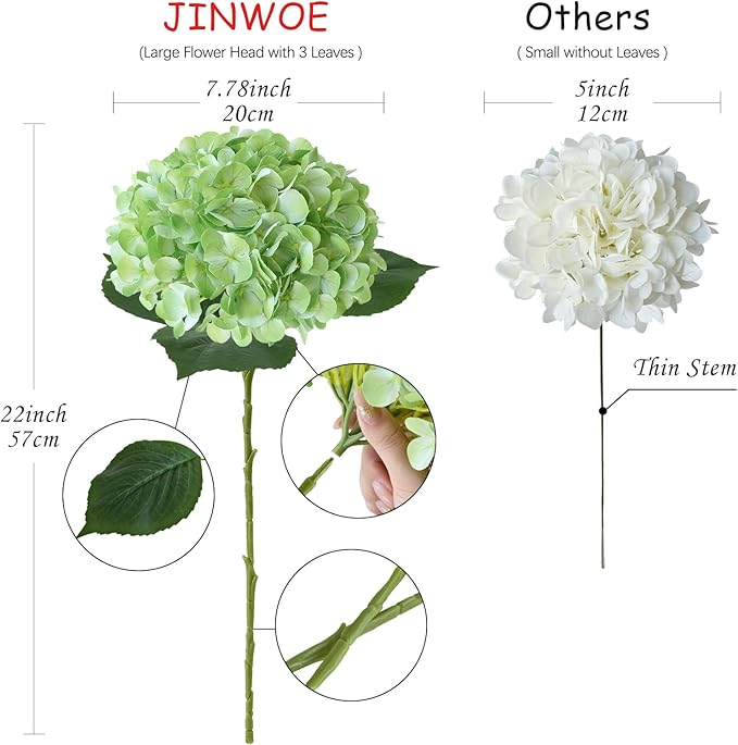 JINWOE Green Hydrangea Artificial Flowers, 4Pcs 22" Large Lifelike Faux Silk Flowers, Full Artificial Hydrangeas for Bouquet Table Centerpieces Indoor Spring Outdoor Home
