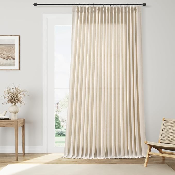 Guken Extra Wide Pinch Pleated Linen Curtains 102 Inches Long for Patio Sliding Glass Door Natural Cream Beige 100 Inch Wide Drapes Neutral Semi Sheer Light Flitering Curtain for Living Room 100x102