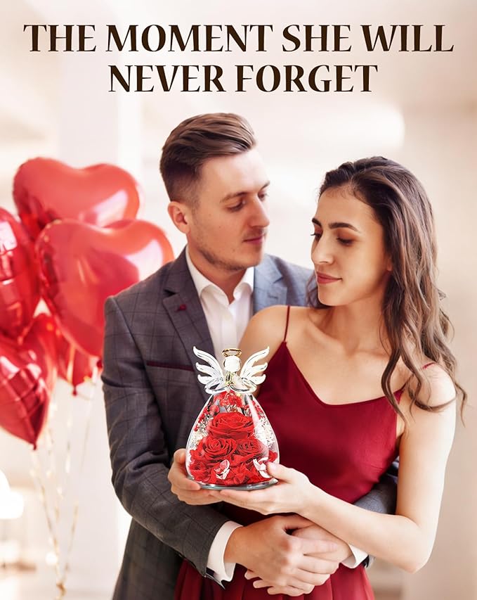 homeasy Flowers Gifts for Women Wife, Preserved Flowers Rose in Glass Angel Figurines, Birthday Anniversary Forever Fresh Flowers for Delivery Gift Box with 3D Card for Mom Her Girlfriend