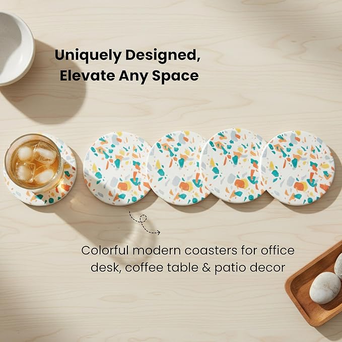Absorbent Coaster Set of 6 with Holder, Drink Coasters for Coffee Table, Kitchen, Home Decor, Cute Ceramic Round Coasters, Alternative to Silicone, Cork or Glass Coaster (Splash)