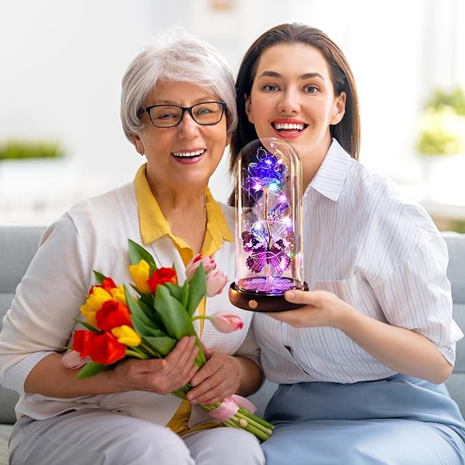 Mothers Day Rose Gifts for Mom Birthday Gift for Women, Rechargeable Galaxy Glass Rose in Glass Dome Crystal Roses Butterfly Mother's Day Flowers Gifts for Women Mom Wife Grandma Daughter, Purple