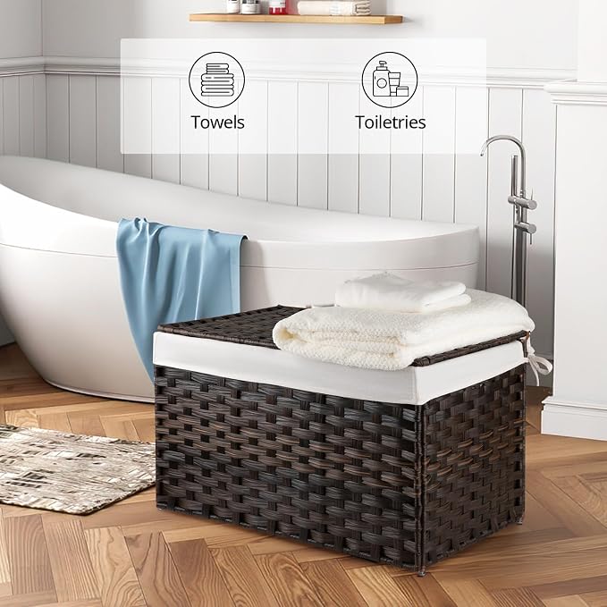 OIAHOMY Storage Basket with Lid, 27.7 Gallon (105L) Blanket Basket with Removable Liner Bag, Synthetic Wicker Hamper with Handle, Large Hamper for Bedroom, Brown