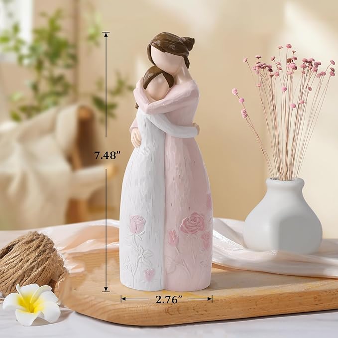 Mother Daughter Hug Figurine – Handcrafted Resin Collectible Figurines Home Decor, Sentimental Gift for Mom Birthday, Mother’s Day, Thanksgiving, Christmas, Pink