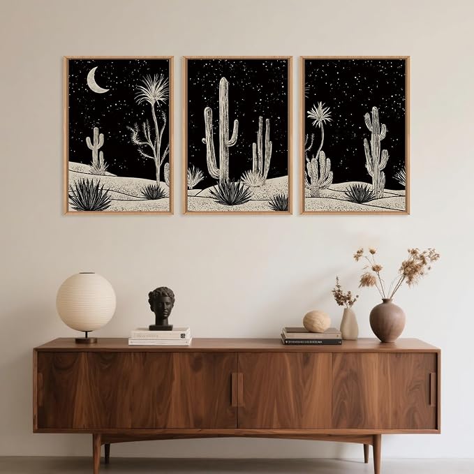 DRACIT Desert Night Cactus Framed Canvas Wall Art Set,Southwestern Black and White Landscape Wall Decor,Rustic Wooden Mid Century Boho Moon Artwork for Living Room,Bedroom-16 x24 x3