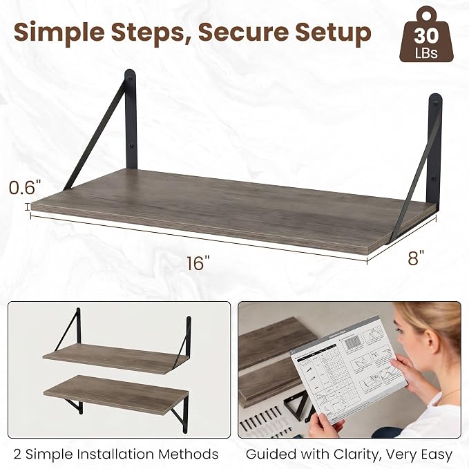 Vivelove Deep Floating Shelves for Wall, 16W x 8D Rustic Grey Wood Wall Shelves Set of 2, Large Floating Shelf for Living Room, Kitchen, Office, Bedroom and Decor Storage, with Metal Bracket - Grey
