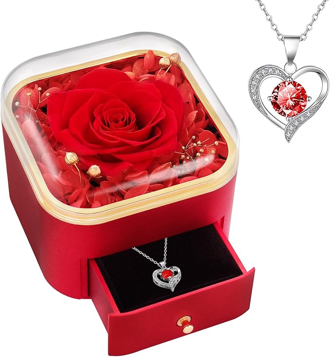 Beferr Gifts for Mom Preserved Real Rose with Red Necklace Eternal Roses Forever Flowers for Delivery Christmas Anniversary Birthday Mothers Day Flowers for Women Her Grandma Wife Daughter Girlfriend