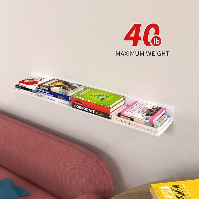 Sezanrpt 36 Inches Acrylic Wall Shelves 2 Pack, Floating Shelf for Wall Mounting, Acrylic Display Ledges for Funko Pop Figures, Home Décor, Living Room, Gaming Room, Plants(36 inch, White)