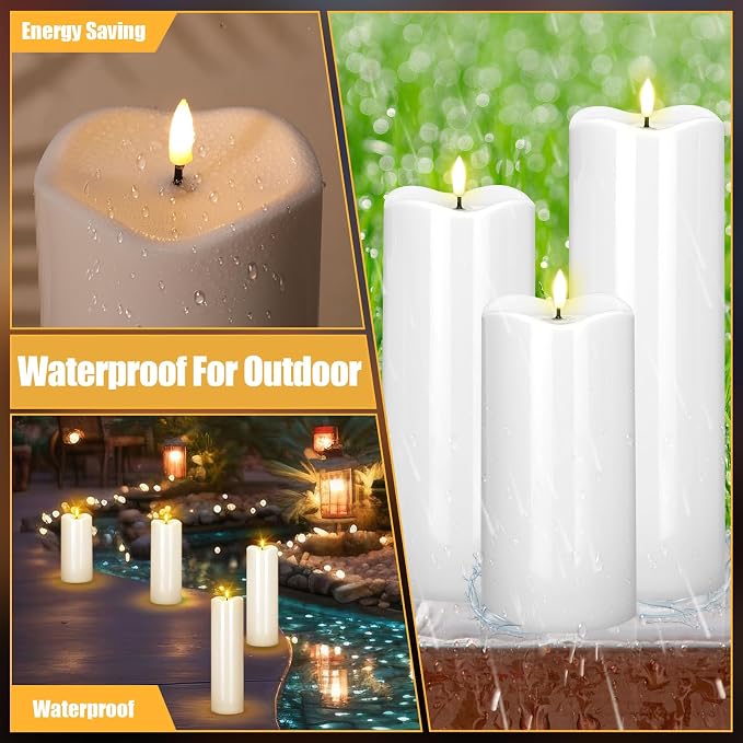 Rossesay 8" 10" 12" 14" x 4" Large Waterproof Outdoor Flameless Candles, 4 Pcs LED Pillar Candles with Remote and Timers Battery Operated Jumbo Flickering for Home Patio Church Lanterns(White)