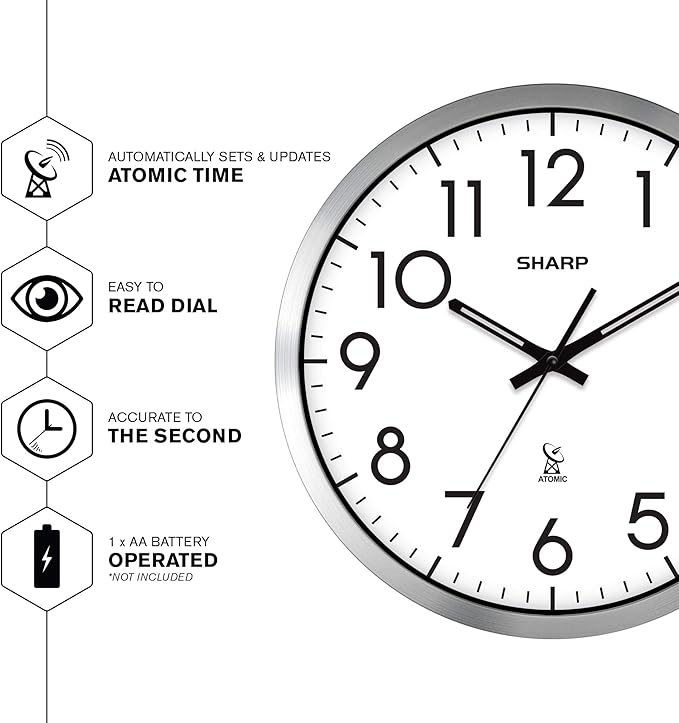Sharp Atomic Analog Wall Clock - 12" Silver Brushed Finish Sets Automatically- Battery Operated Easy to Read Use: Simple, Style fits Any Decor
