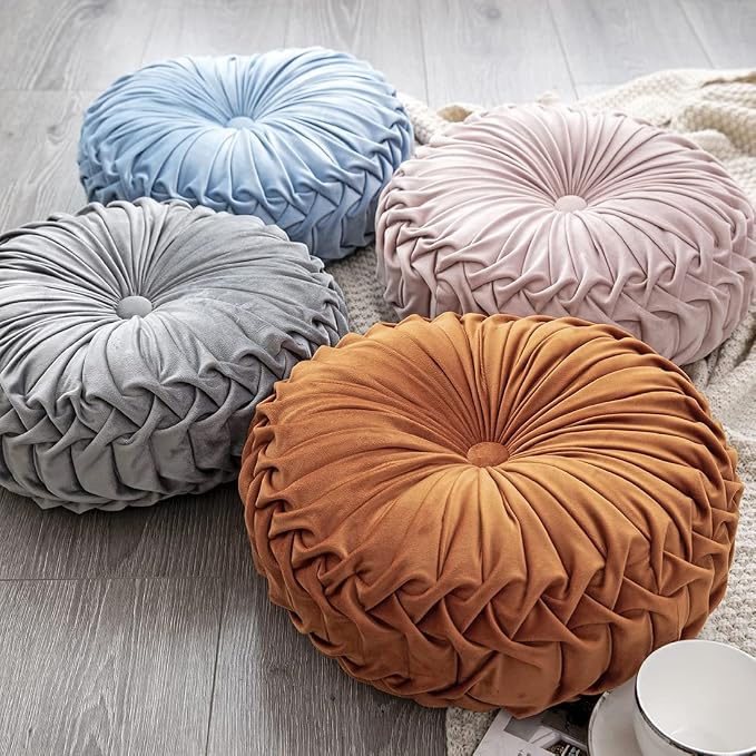 vctops Solid Velvet Seat Cushions Round Floor Pillows Thicken Chair Cushions Pleated Chair Pads Seat Pad Throw Pillows for Bedroom Living Room (Grey,Diameter 14")
